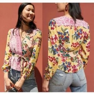 NWT, Anthropologie Meadow Rue Floral Paisley Mixed Print Wrap Blouse Pink Yellow